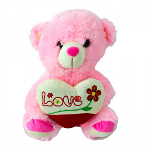 Ursulet de plus BUBU, cu inimioara si imprimeu Flower cu text "LOVE", inaltime 28 cm, Roz - Img 7
