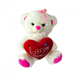 Ursulet de plus BUBU, cu inimioara, sunete de iubire si imprimeu , inaltime 28 cm, Alb - Img 1