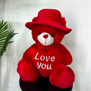 Ursulet de plus cu palarie Sparkle, cu inimioara si mesaj de iubire, Inaltime 25 cm, Rosu