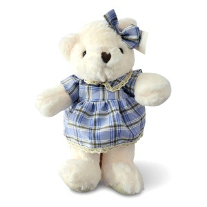 Ursulet de plus premium, fetita cu rochita in carouri bleu, inaltime 35 cm - Img 5