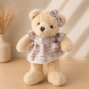 Ursulet de plus premium, fetita cu rochita roz in carouri, inaltime 35 cm - Img 2