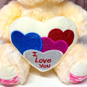 Ursulet de plus Pudding, cu palarie satinata si inimioara imprimata "I Love You", inaltime 33 cm, Alb - Img 4