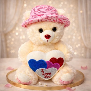 Ursulet de plus Pudding, cu palarie satinata si inimioara imprimata "I Love You", inaltime 33 cm, Alb