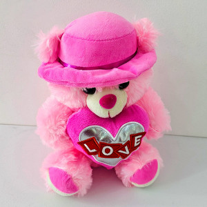 Ursulet de plus Pudding, palarie cu bentita asortata si inimioara imprimata "Love", inaltime 30 cm, Roz 2