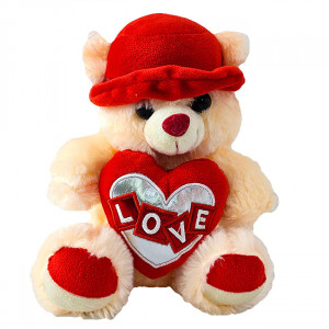Ursulet de plus Pudding, palarie cu bentita satinata si inimioara imprimata "Love", inaltime 24 cm, Crem - Img 6