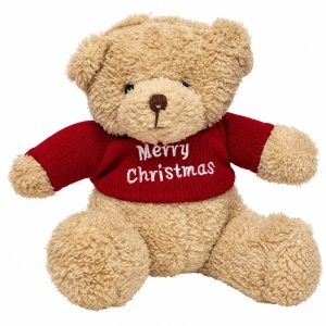Ursulet de plus Teddy Christmas cu pulover rosu Merry Christmas, bej, 17 x 20 cm