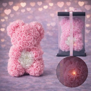Ursulet floral 25 cm, cu LED-uri luminoase, trandafiri spuma cu inima alba, in cutie cadou, Roz