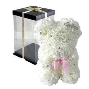 Ursulet floral cu trandafiri din spuma, 25 cm, cristale decorative aplicate manual, in cutie cadou, Alb - Img 3