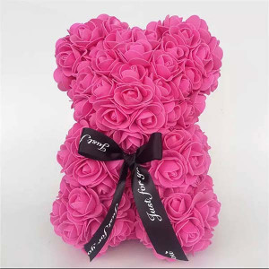 Ursulet floral din Trandafiri 25 cm, decorat manual, cutie cadou, roz aprins