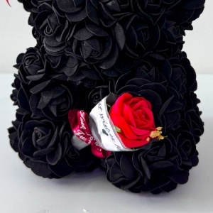 Ursulet floral cu trandafiri din spuma si buchet decorat manual, cu mesaj, Negru, 20 cm - Img 4