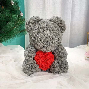 Ursulet floral din trandafiri de sapun Teddy Bear in Love in cutie cadou, 40 cm, gri