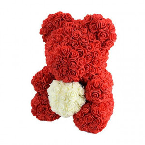 Ursulet floral din trandafiri de sapun Teddy Bear in Love, rosu cu alb, 30 cm