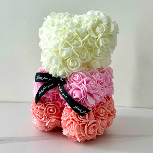 Ursulet Floral Teddy Bear Rainbow cu trandafiri din spuma hand-made, 25 cm, in cutie cadou, Corai 4