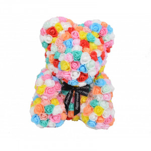 Ursulet Floral Teddy Bear rainbow din Trandafiri de spuma, 40 cm, in cutie cadou, albastru-roz-galben
