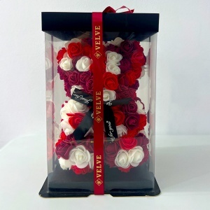 Ursulet floral Triple Color din trandafiri spuma cu LED, 25 cm, in cutie transparenta eleganta - Img 3