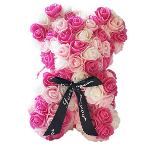 Ursulet Floral Triple color din Trandafiri spuma in cutie cadou, 25 cm, roz-roz pal-alb
