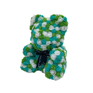 Ursulet Floral Triple color din Trandafiri spuma in cutie cadou, 40 cm, verde-alb- blue