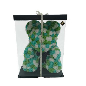 Ursulet Floral Triple color din Trandafiri spuma in cutie cadou, 40 cm, verde-alb- blue