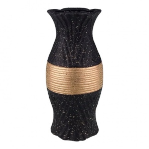 Vaza Luxury Line din ceramica, cu linii si accente aurii, 11x24 cm, Negru