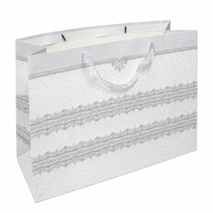 Ambalaj pentru cadouri, punga mare cu model ornamental argintiu si manere din panglica, 50 x 40 x 15 cm, Alb - Img 3