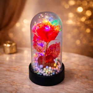 Aranjament Bubble Tea in Love in Cupola Sticla, cu Trandafir artizanal, LED si elemente Valentine's Day in cutie eleganta, Rosu