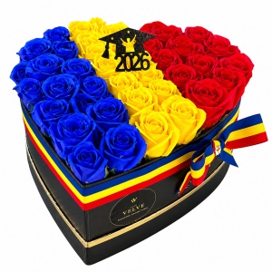 Aranjament floral absolvire 2026, cutie inima cu 31 trandafiri de sapun Tricolor