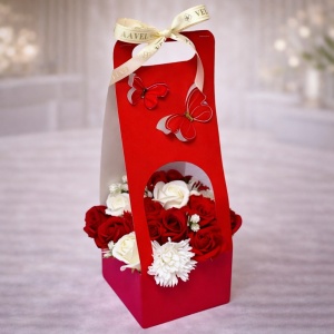 Aranjament floral Butterfly, cu trandafiri si garoafe din sapun, plante decorative, in cos deosebit cu toarte, Rosu