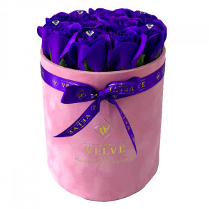 Aranjament floral Crystal Beauty cu 15 trandafiri de sapun, cristale artizanale, in cutie roz cu catifea, Albastru indigo - Img 6