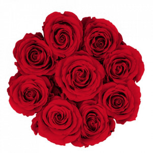 Aranjament floral cu 9 trandafiri de sapun, in cutie neagra rotunda, rosu