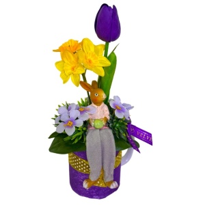 Aranjament floral de Paste Purple Bunny cu iepuras decorativ in cana ceramica - Img 2