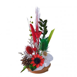 Aranjament floral in ghiveci, din flori uscate, rosu, 27cm