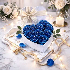 Aranjament floral Intimissimo cu 10 trandafiri de săpun, decorați cu cristale artizanale și accente strălucitoare, în cutie aspect inimă, Albastru Inchis