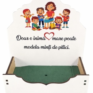 Aranjament floral pentru Educatoare si Invatatoare, cu lagurus si trandafir roz criogenat, licheni stabilizati, in cutiuta decorativa, cu mesaj special - Img 4
