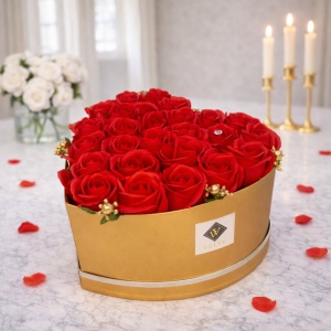 Aranjament floral RedGold, cutie inima aurie cu 25 trandafiri de sapun, Rosu