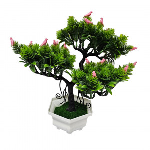 Bonsai decorativ artificial, cu pasari, in ghiveci miniatural, Balance Bird, Roz, Inaltime 28 cm - Img 5