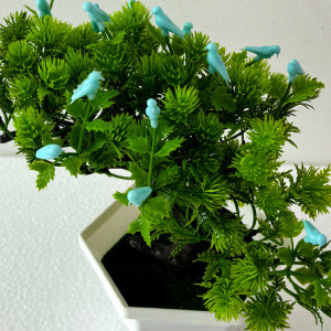 Bonsai decorativ artificial, cu pasari, in ghiveci miniatural, Balance Bird, Albastru, Inaltime 28 cm