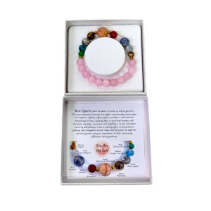 Bratara 10 Planets Rose Quartz, din pietre semipretioase in cutie cadou, semnificand planetele galaxiei