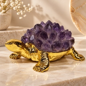 Broscuta testoasa decorativa din metal, cu LED si pietre violet, USB inclus, 12 x 5 cm