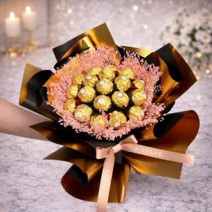 Buchet cadou Delice cu 19 praline Ferrero Rocher si broom natural criogenat