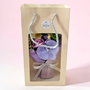 Buchet floral elegant Lavender Orchid cu trandafir de sapun, orhidee si narcisa artizanale, 20x15 cm - Img 6