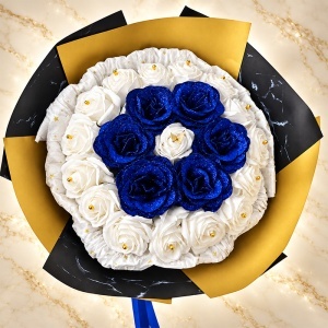 Buchet floral Glitter cu 21 trandafiri, decorati cu sclipici, alb si albastru, inaltime 50 cm - Img 5