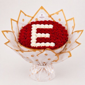 Buchet floral personalizat cu litera din 65 trandafiri de sapun, Rosu- Alb - Img 5