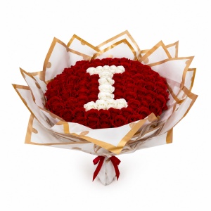 Buchet floral personalizat cu litera din 65 trandafiri de sapun, Rosu- Alb, 50x40 cm - Img 9
