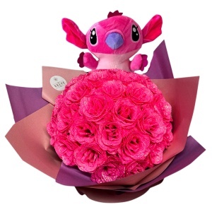 Buchet floral premium Stitch cu 35 trandafiri decorativi cu efect glitter, inaltime 42 cm, Roz