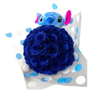 Buchet floral premium Stitch cu 35 trandafiri decorativi cu efect glitter, inaltime 40 cm, Albastru