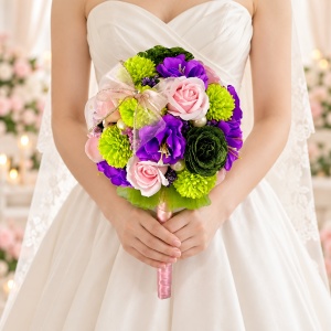 Buchet Mireasa cu trandafiri, stamine, anemone si dalii de sapun, multicolor