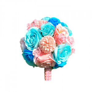 Buchet Mireasa din trandafiri, anemone, dalii de sapun, roz-blue