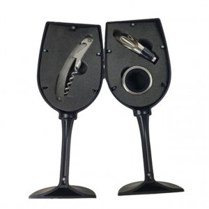 Caseta eleganta pentru vin, in forma de pahar cu 3 accesorii, 23.5 cm