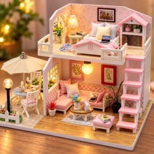 Casuta miniaturala DIY cu terasa. doua niveluri, mobilier si iluminare LED - Img 2