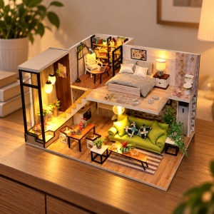 Casuta miniaturala DIY, locuinta moderna pe doua niveluri, mobilier si iluminare LED - Img 4